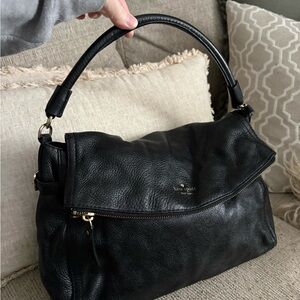 kate spade Black Pebbled Leather Fold-Over Shoulder Bag with Gold Hardware